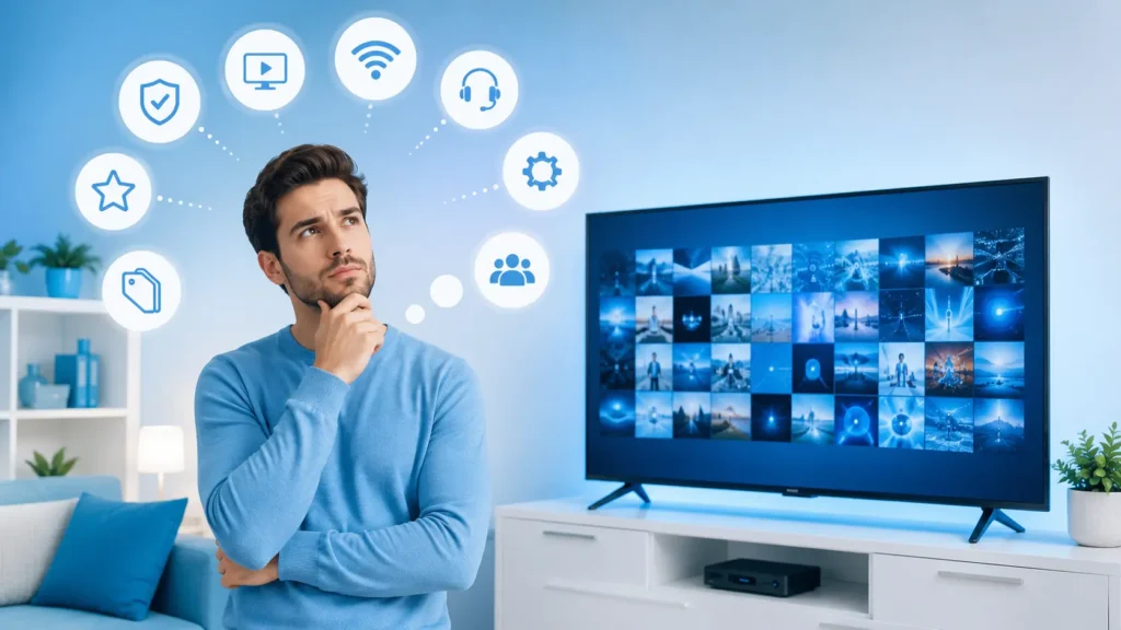 Homme réfléchissant aux critères essentiels pour choisir un abonnement IPTV fiable devant une télévision connectée dans un salon moderne aux couleurs bleu ciel et blanc.