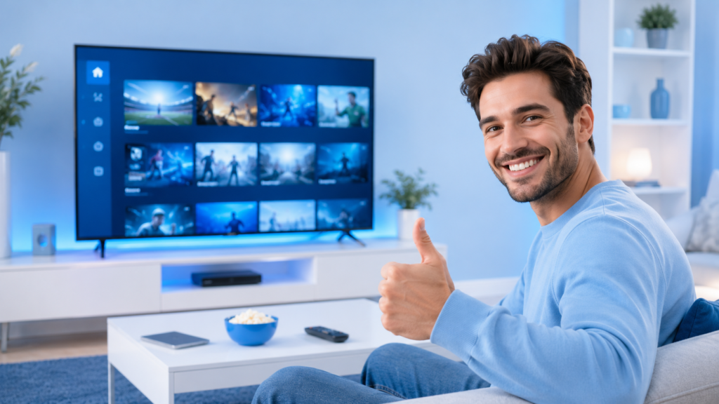 Utilisateur profitant d'un Premium IPTV sur une Smart TV avec une interface moderne et une qualité d'image optimale.
