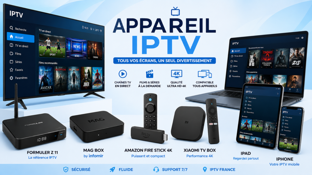 Appareil IPTV avec Smart TV, Formuler Z11, MAG Box, Fire Stick 4K, Xiaomi TV Box, iPad et iPhone