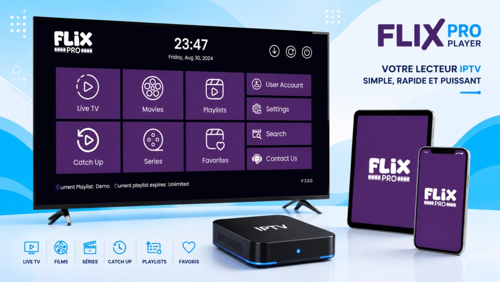 Flix IPTV 2026 avec Flix Pro Player sur Smart TV, iPhone et iPad et android