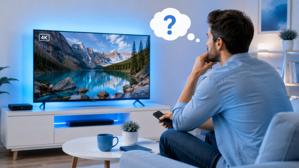 Homme regardant une télévision IPTV 4K et se demandant si la qualité 4K est le meilleur choix pour son abonnement IPTV.