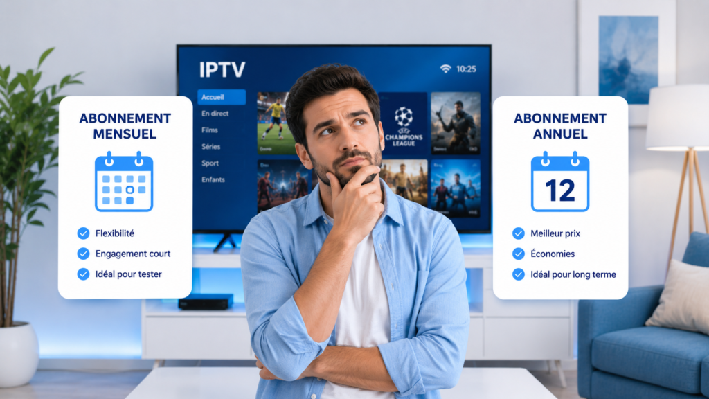 Homme réfléchissant au choix entre un abonnement IPTV mensuel et un IPTV abonnement annuel devant une Smart TV IPTV Premium.