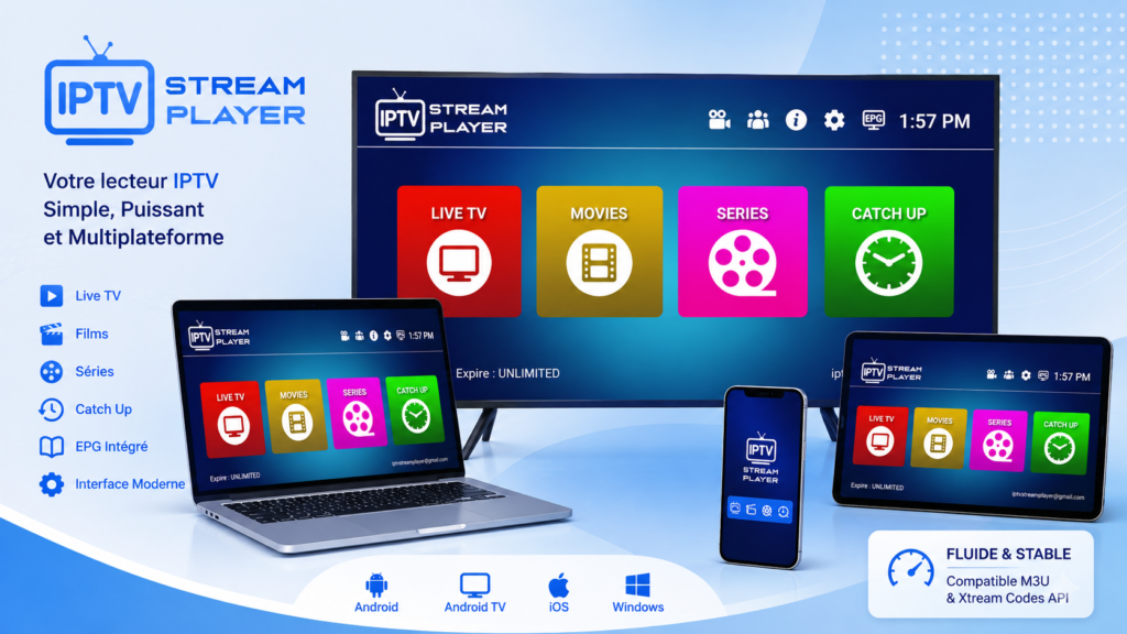 Interface IPTV Stream Player affichée sur une Smart TV, un ordinateur portable, un iPhone et une tablette, illustrant une application IPTV compatible M3U et Xtream Codes.
