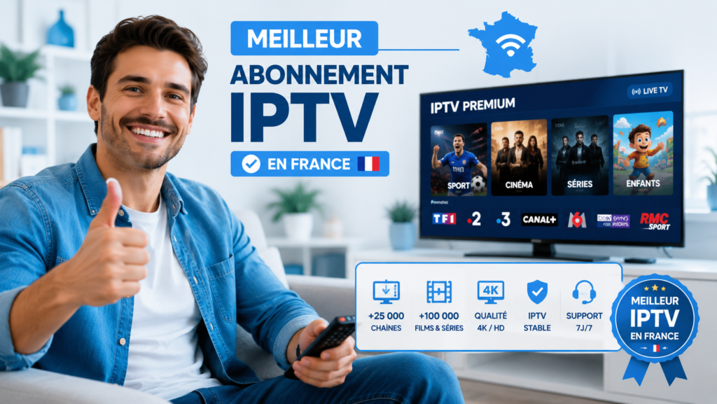 Homme français faisant un pouce levé devant une Smart TV pour recommander le meilleur abonnement IPTV en France avec un service IPTV Premium stable.