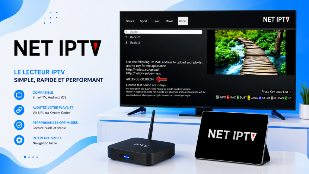 Net IPTV sur Smart TV avec interface de l’application IPTV