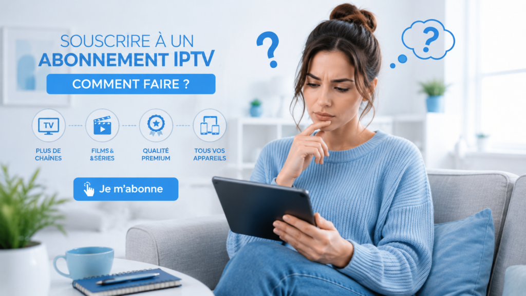 Femme utilisant une tablette pour souscrire à un abonnement IPTV et découvrir comment installer un service IPTV compatible M3U et Xtream Codes.