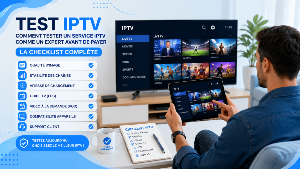 Homme réalisant un test IPTV sur une Smart TV et une tablette afin de vérifier la qualité, la stabilité et les performances d'un abonnement IPTV.